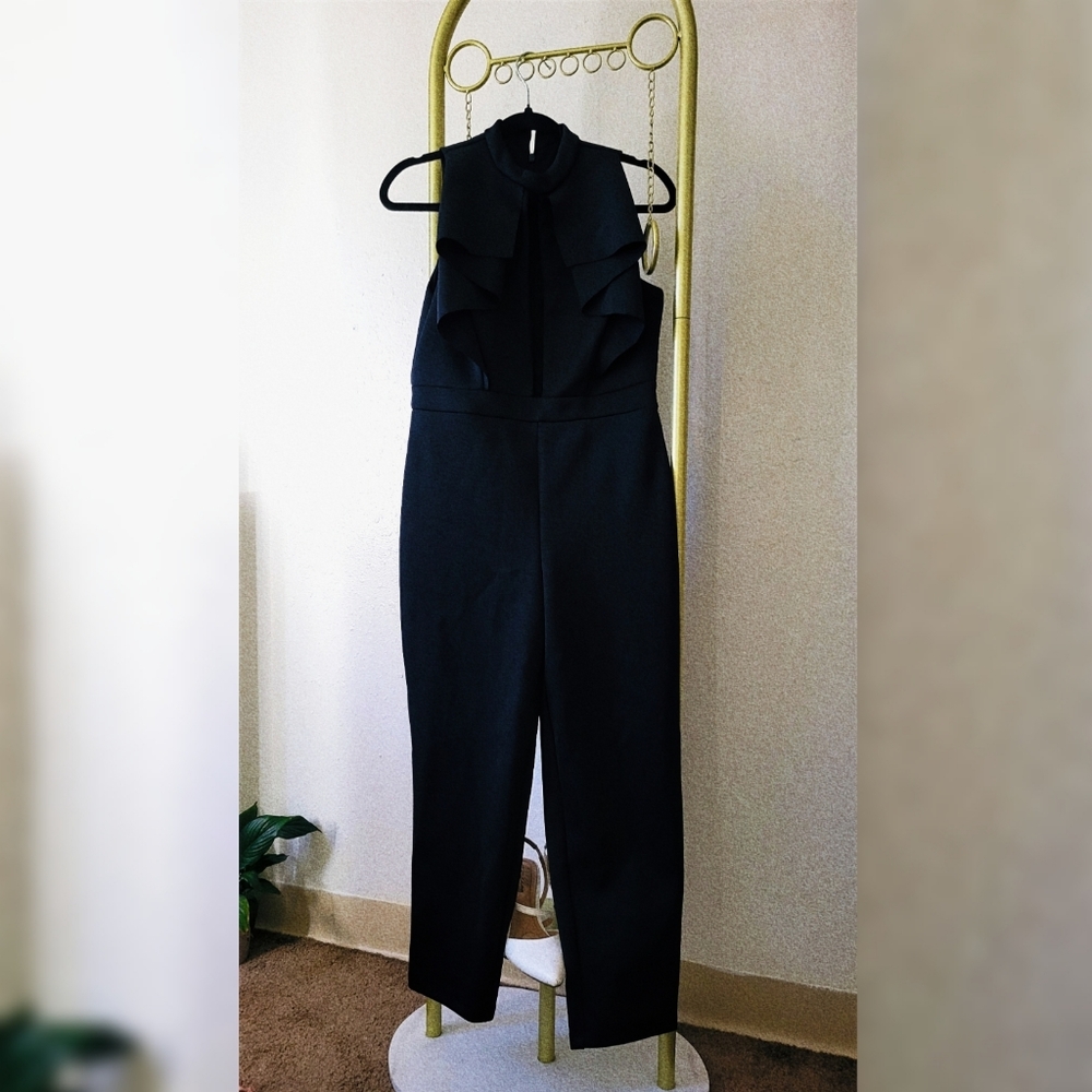asos Petite Black Jumpsuit With Chest Ruffle Exposure Detail in size US 8